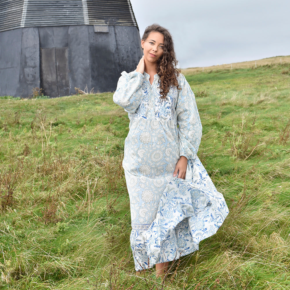 Block Printed Blue Cornflower Cotton Dress 'Emery'