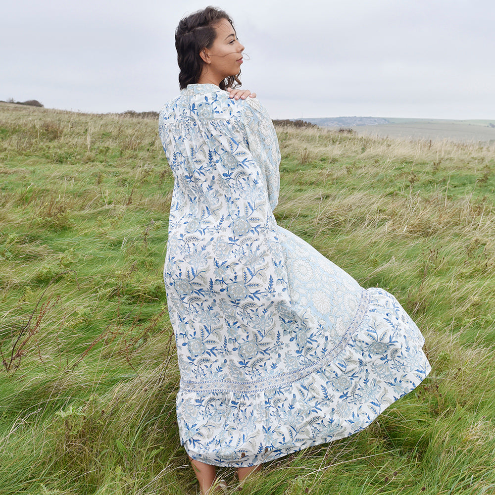 Block Printed Blue Cornflower Cotton Dress 'Emery'