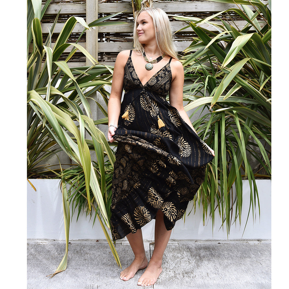 'Astrid' Black & Gold Indian Print Crepe Dress