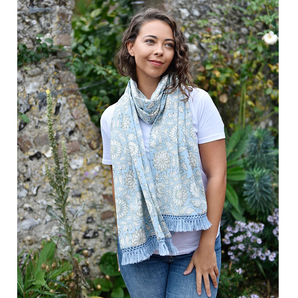 Block Printed Blue Cornflower Cotton Sarong