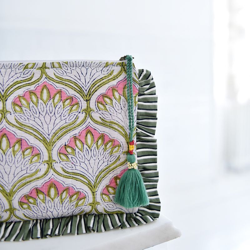Block Printed Green & Pink Ogee Quilted Ruffle Make Up Bag