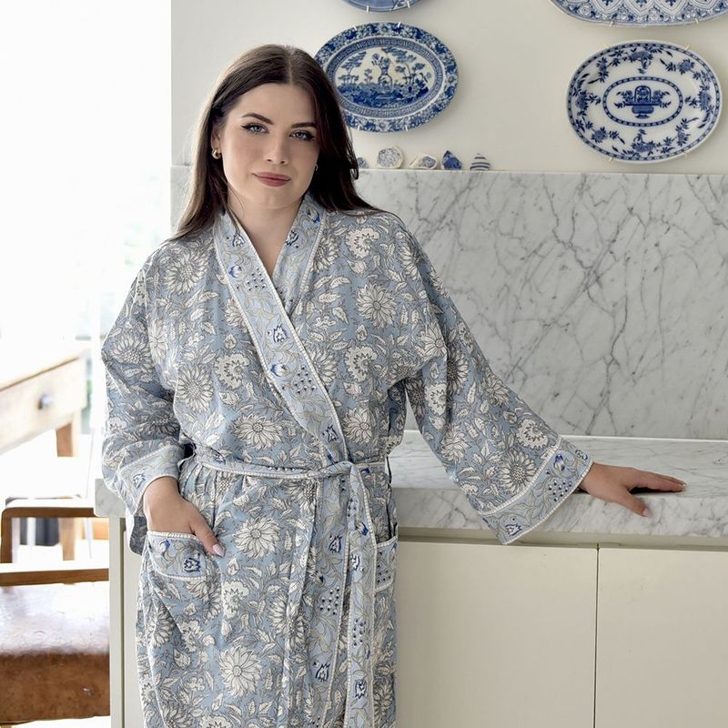 Block Printed Blue Cornflower Cotton Dressing Gown