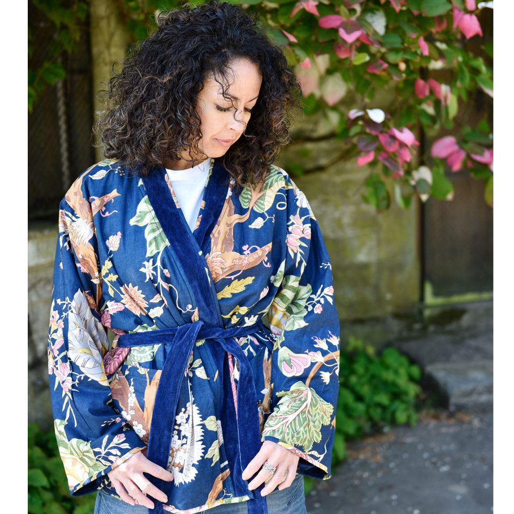 Dark Blue Velvet/Carnation Cotton Print Reversible Jacket