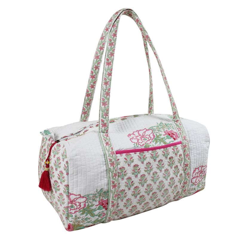 Block Printed Pink & Mint Floral Bird Quilted Duffle Bag