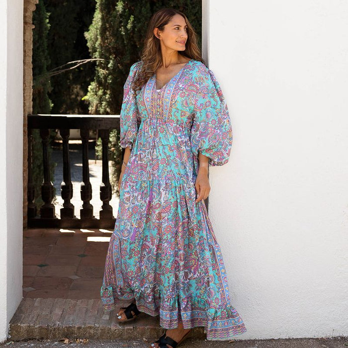 'Demi' Pink & Blue Floral Paisley Maxi Dress