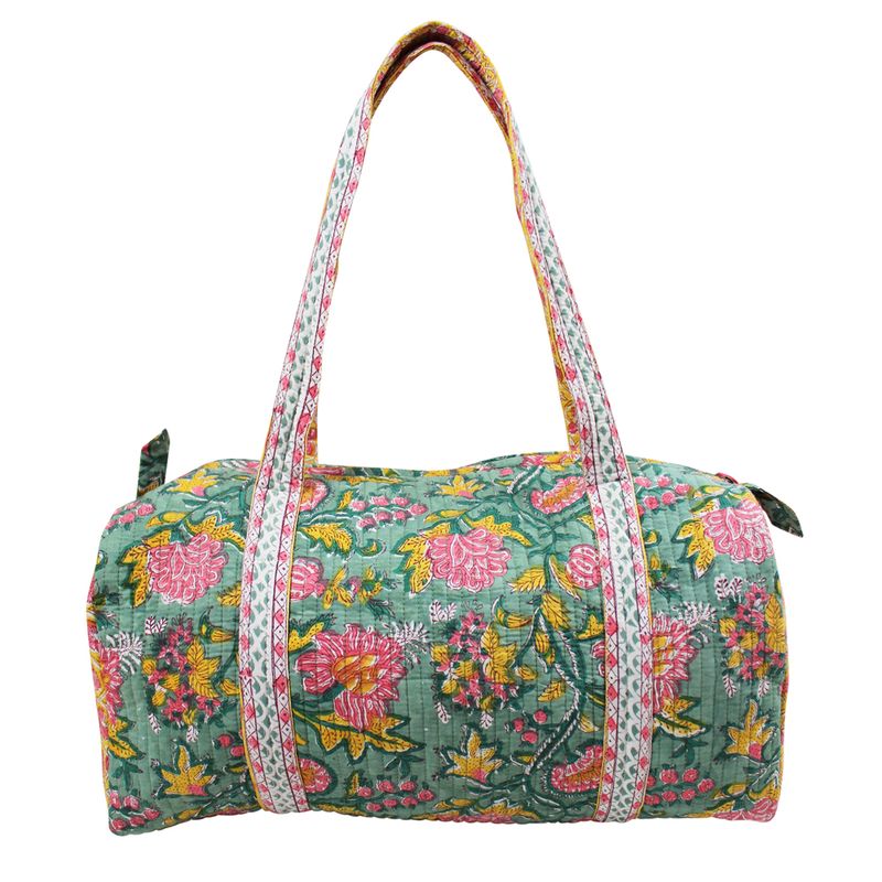 Block Printed Green, Lemon & Sorbet Pink Floral Stripe Quilted Duffle Bag