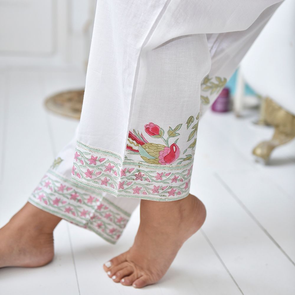 Block Printed Pink & Mint Floral Bird Cotton Pyjamas