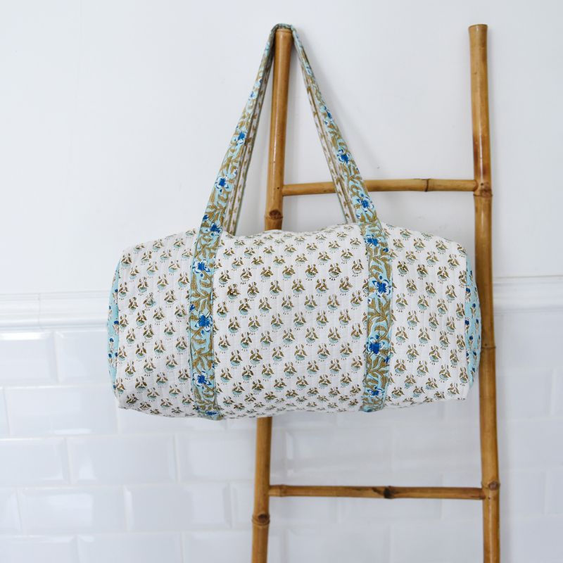Block Printed Aqua, White & Green Floral Quilted Duffle Bag