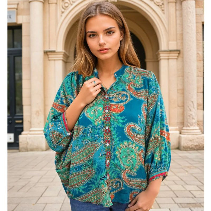 Turquoise & Pink Paisley Print Button Down Shirt