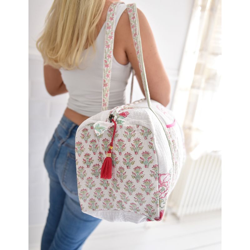 Block Printed Pink & Mint Floral Bird Quilted Duffle Bag