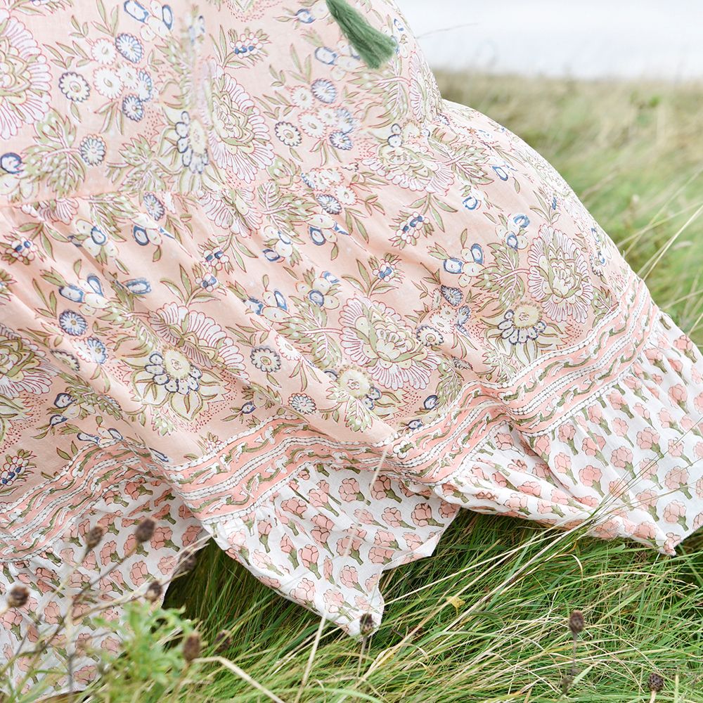 Block Printed Peach Floral Cotton Dress 'Cora'