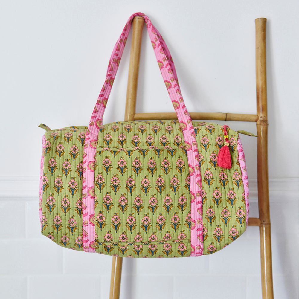 Block Printed Green Pink Floral Quilted Duffle Bag
