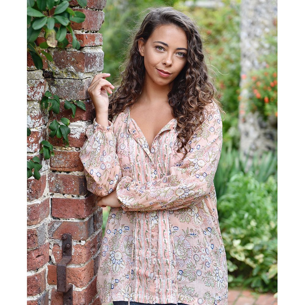 Block Printed Peach Floral Cotton Blouse 'Cora'