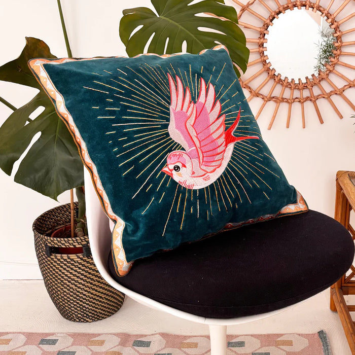 Inked Velvet Bird Cushion