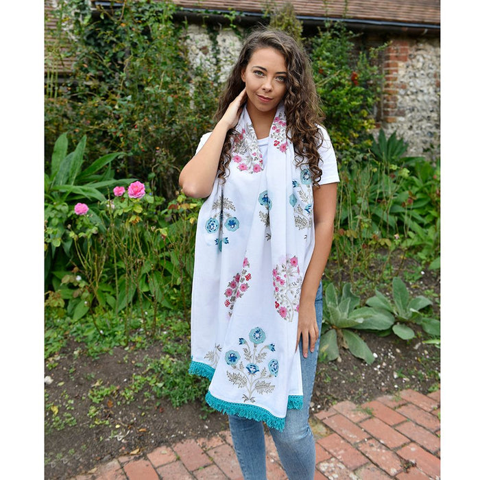 Block Printed Blue & Pink Floral Blooms Cotton Sarong