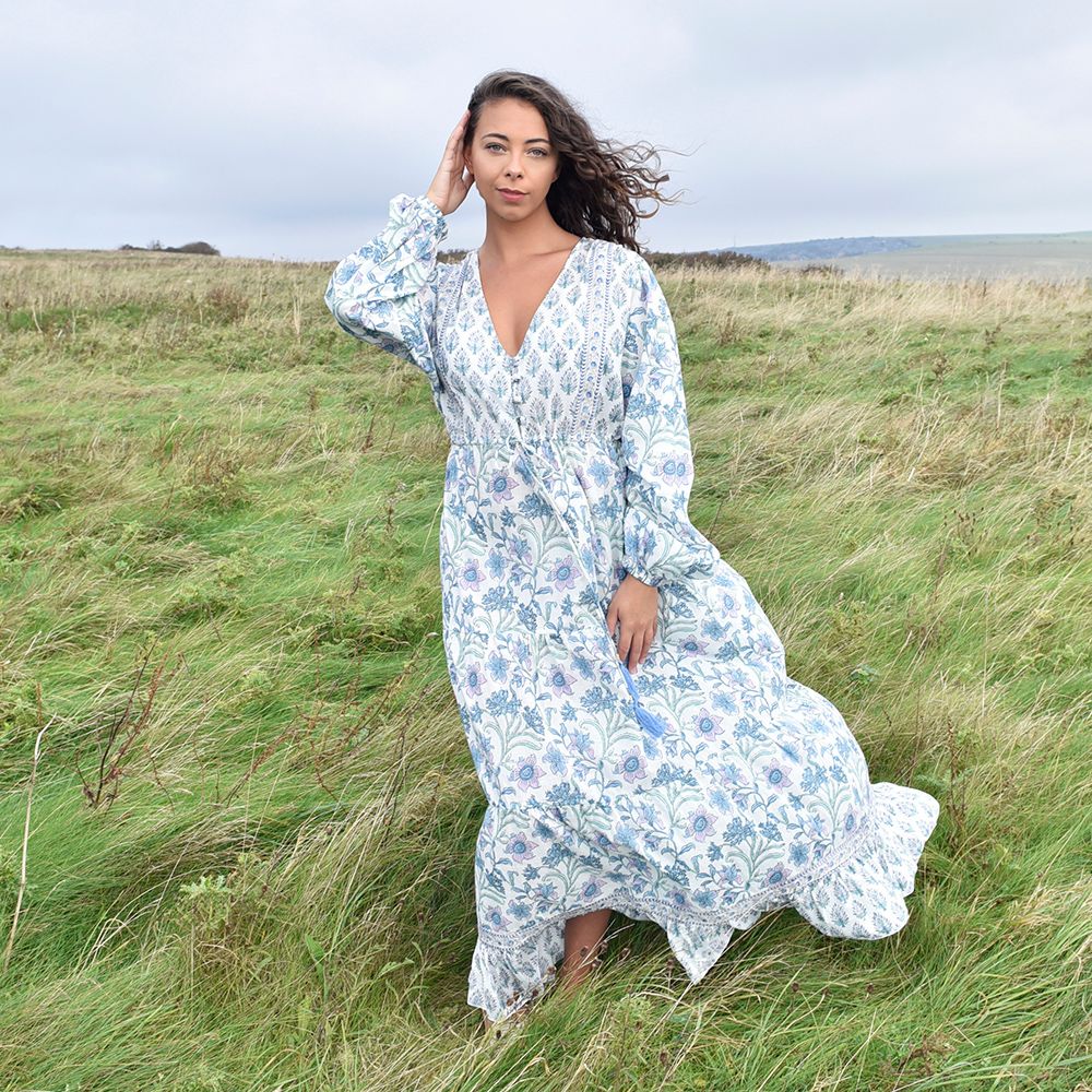 Block Printed Lilac Blue Floral Cotton Dress 'Cassidy'