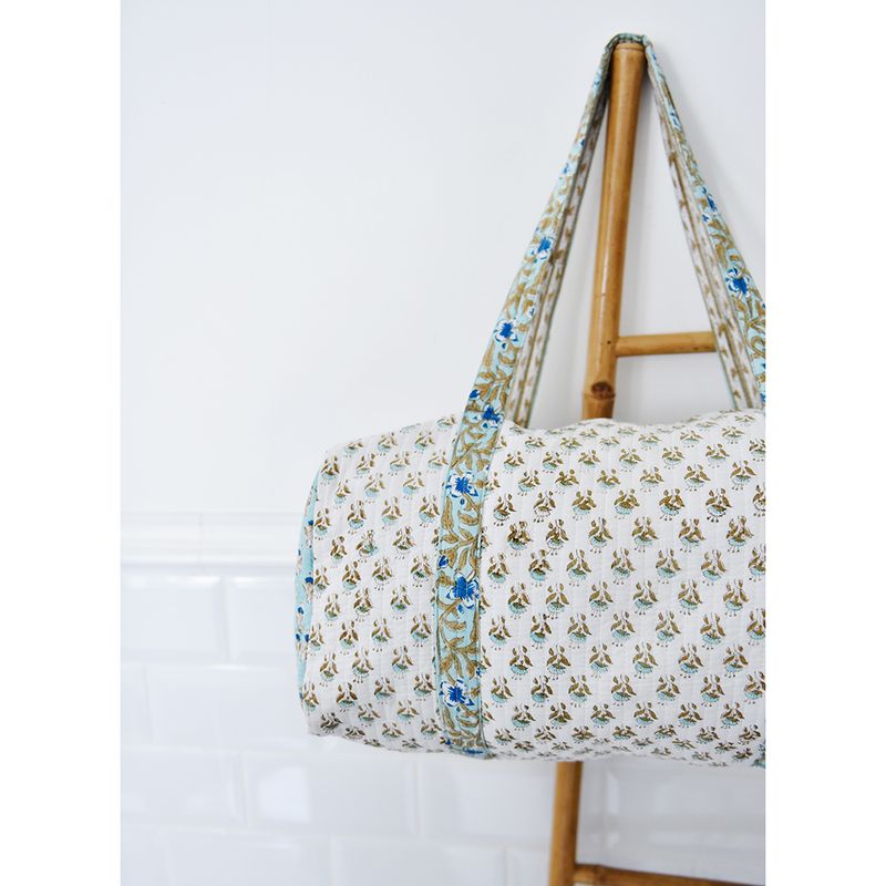 Block Printed Aqua, White & Green Floral Quilted Duffle Bag
