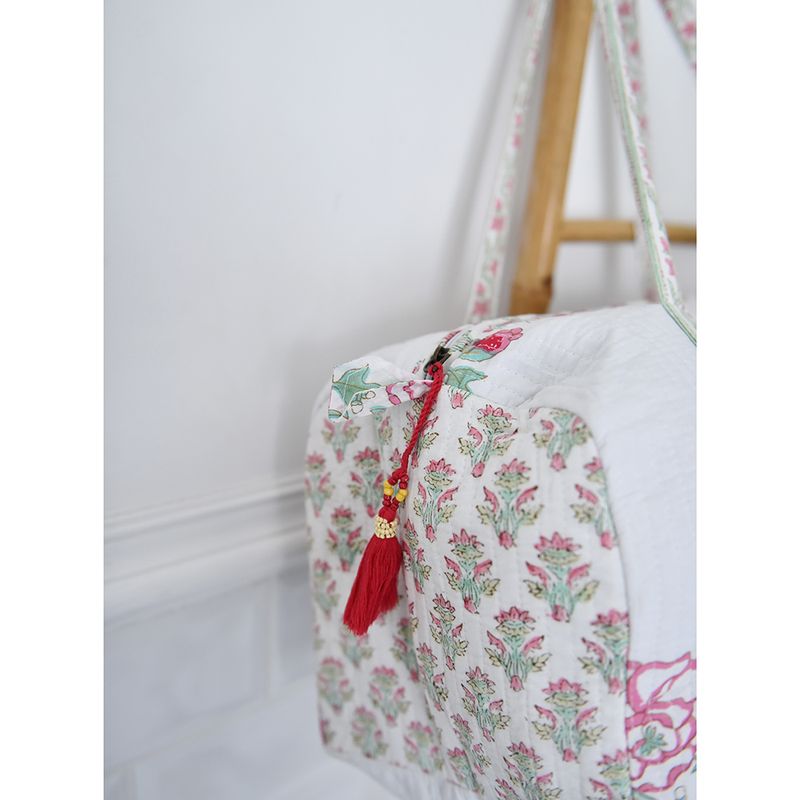 Block Printed Pink & Mint Floral Bird Quilted Duffle Bag