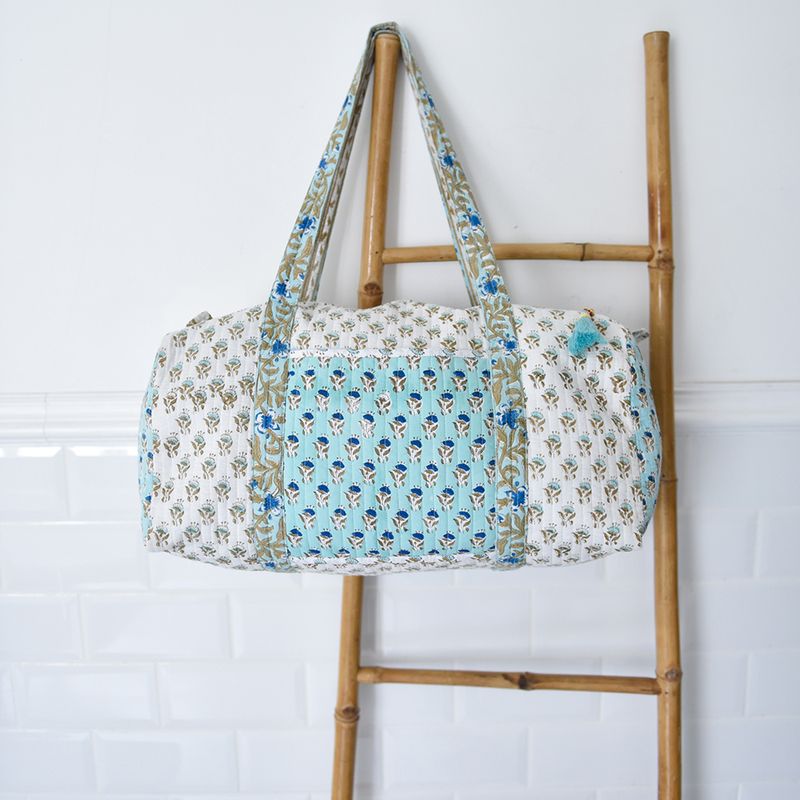 Block Printed Aqua, White & Green Floral Quilted Duffle Bag