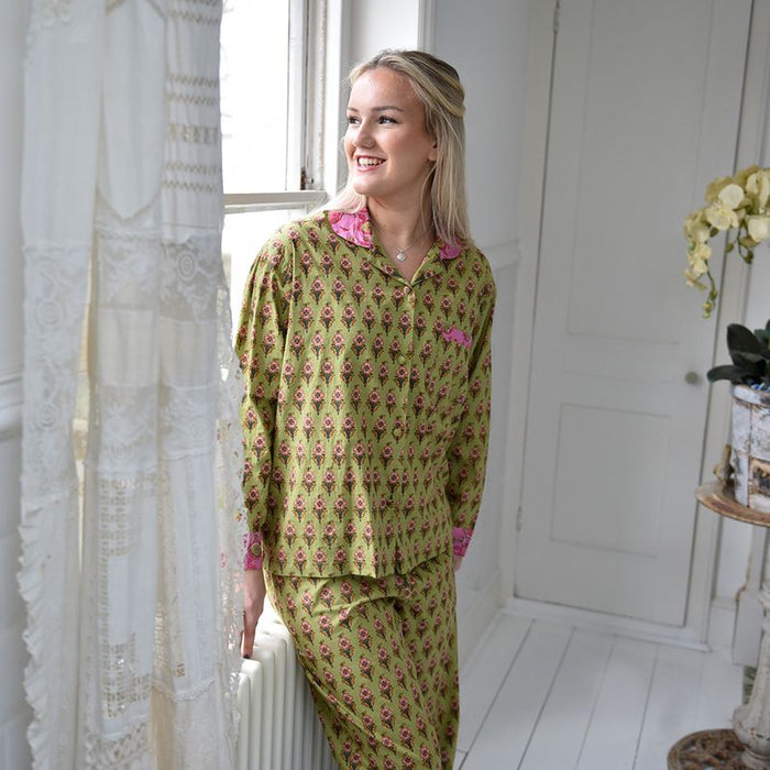 Block Printed Green & Pink Floral Cotton Pyjamas