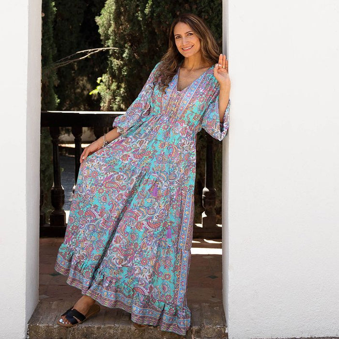 'Demi' Pink & Blue Floral Paisley Maxi Dress