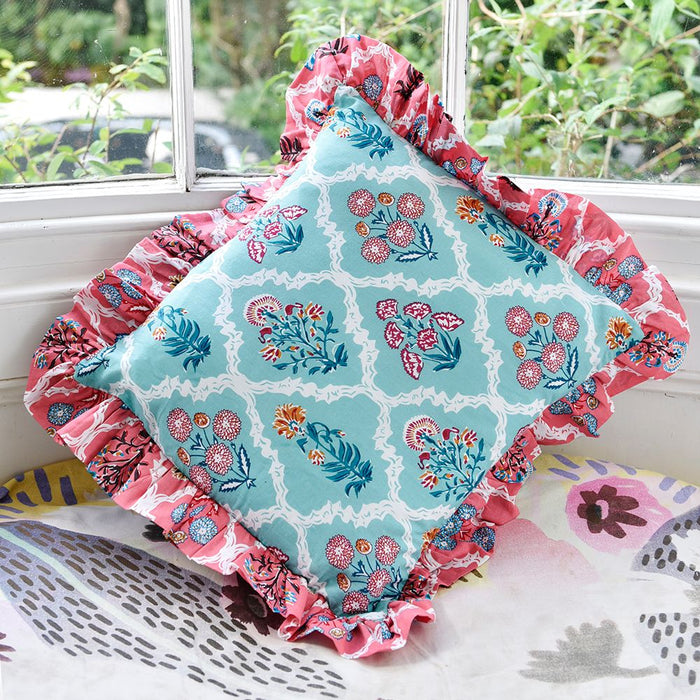 Block Printed Turquoise & Pink Floral Tile Ruffle Cushion