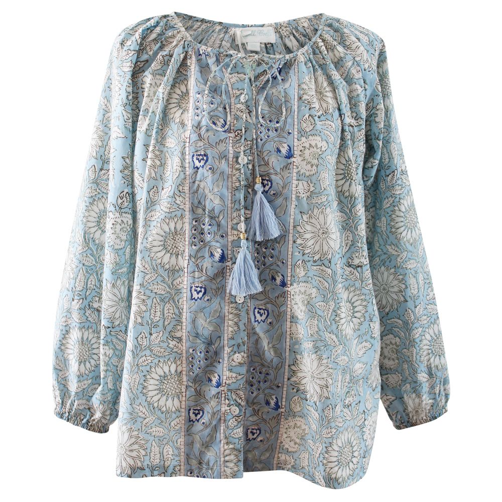Block Printed Blue Cornflower Cotton Blouse 'Emery'