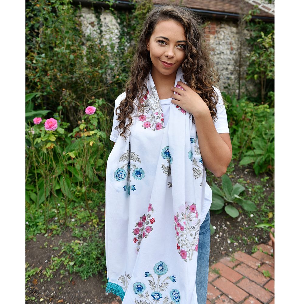 Block Printed Blue & Pink Floral Blooms Cotton Sarong