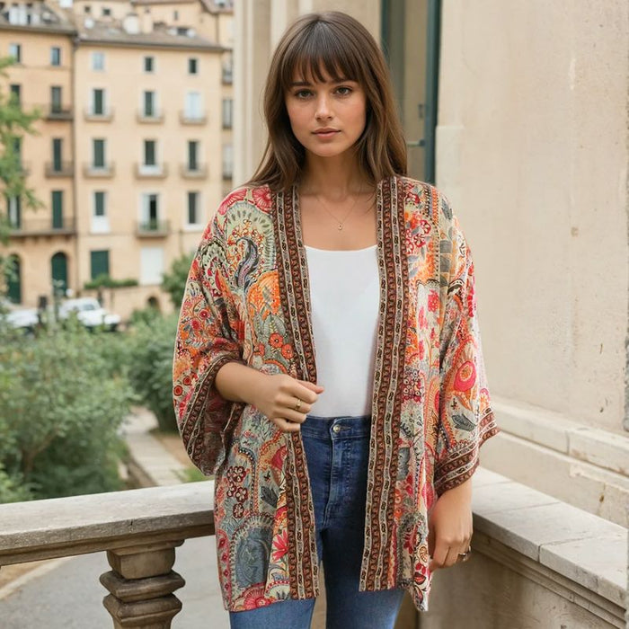 Pink, Orange & Cream Floral Tile Print Viscose Summer Jacket