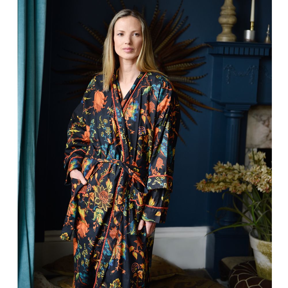 Burnt Orange Exotic Flower Print Cotton Dressing Gown
