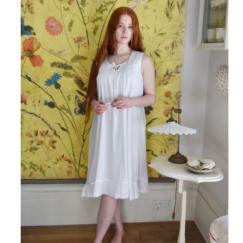 Ladies Sleeveless Nightdress With Rose Embroidery & Pearl Seeding 'Nora'