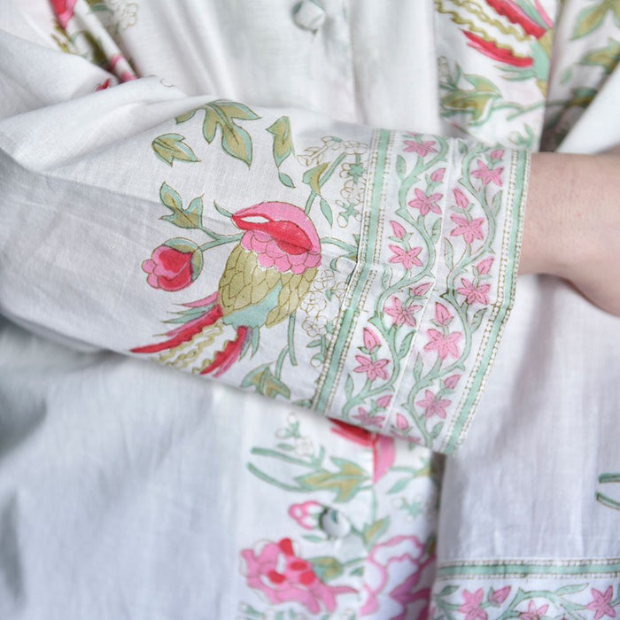 Block Printed Pink & Mint Floral Bird Cotton Pyjamas