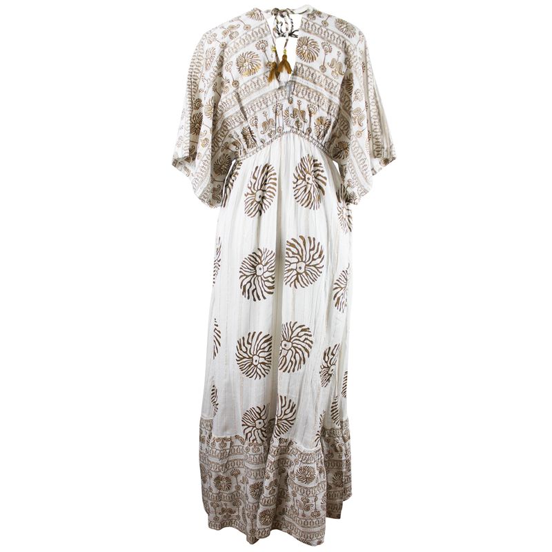 'Heather' White & Gold Indian Print Batwing Crepe Dress