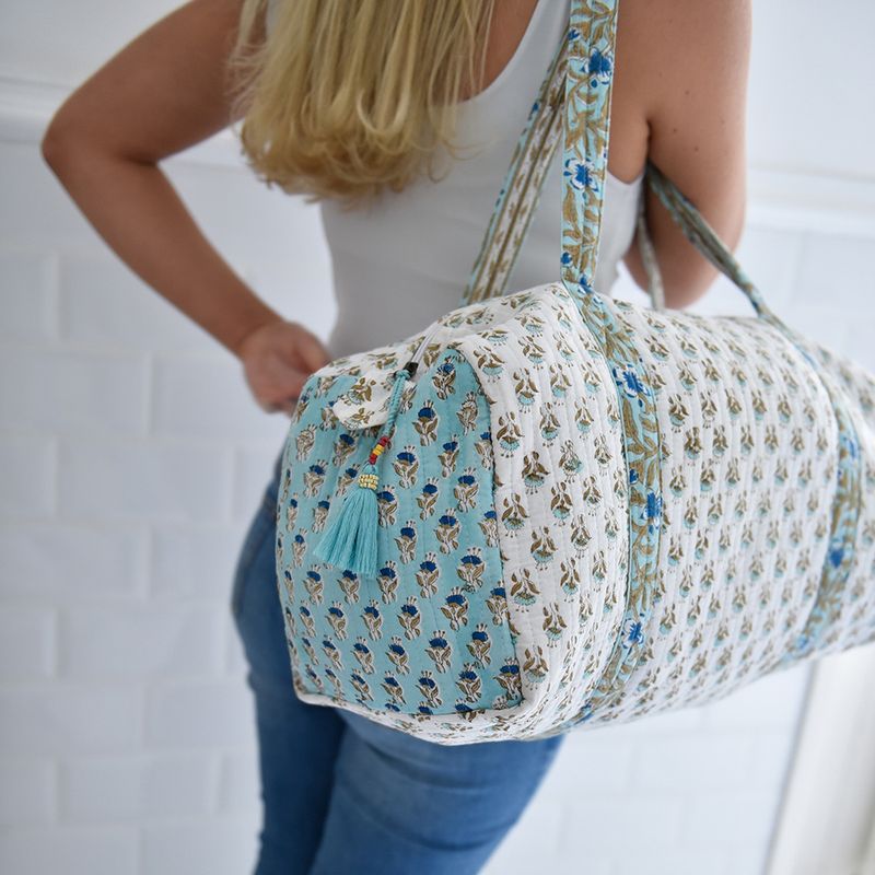 Block Printed Aqua, White & Green Floral Quilted Duffle Bag