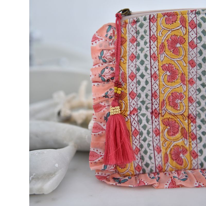 Block Printed Green, Lemon & Sorbet Pink Floral Stripe Quilted Ruffle Make Up Bag