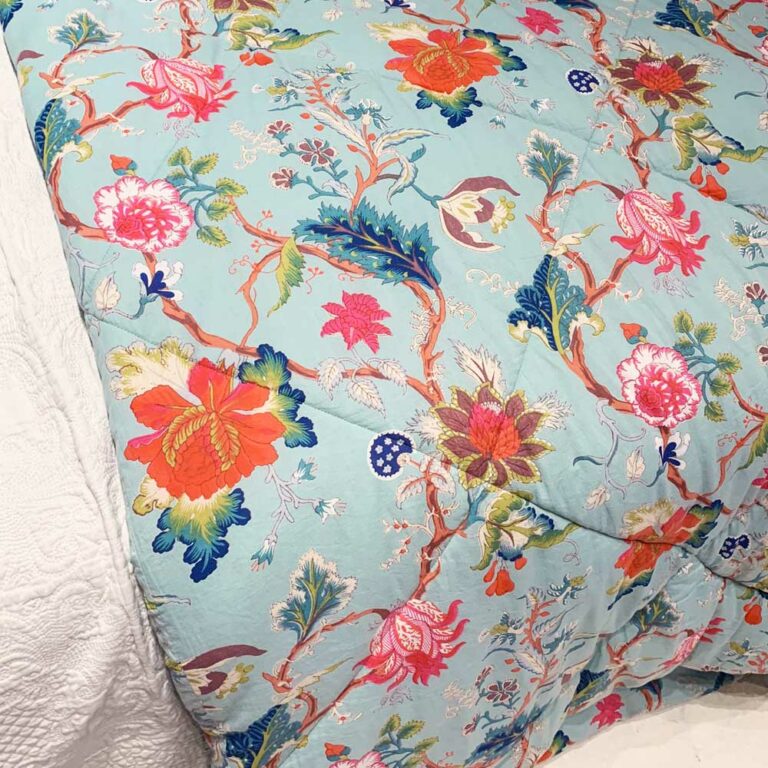 Blue Exotic Flower Print Cotton Indian Bed Quilt