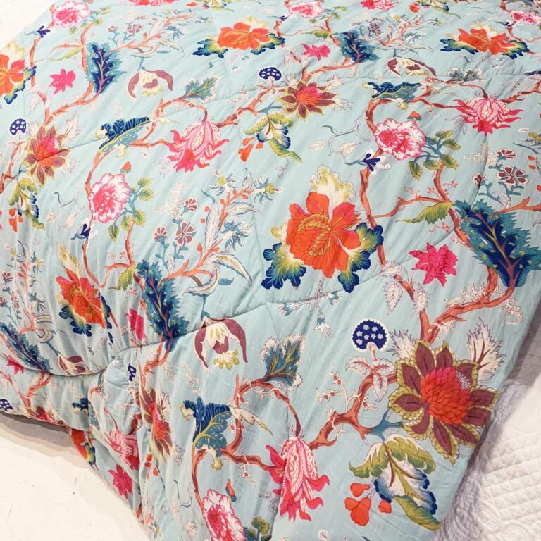 Blue Exotic Flower Print Cotton Indian Bed Quilt