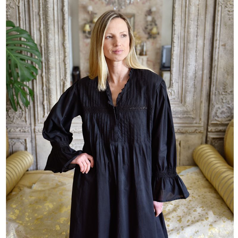 Ladies Black Long Sleeve Cotton Nightdress 'Anna'