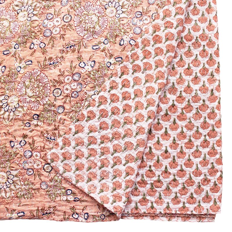 Block Printed Peach Floral Kantha Throw