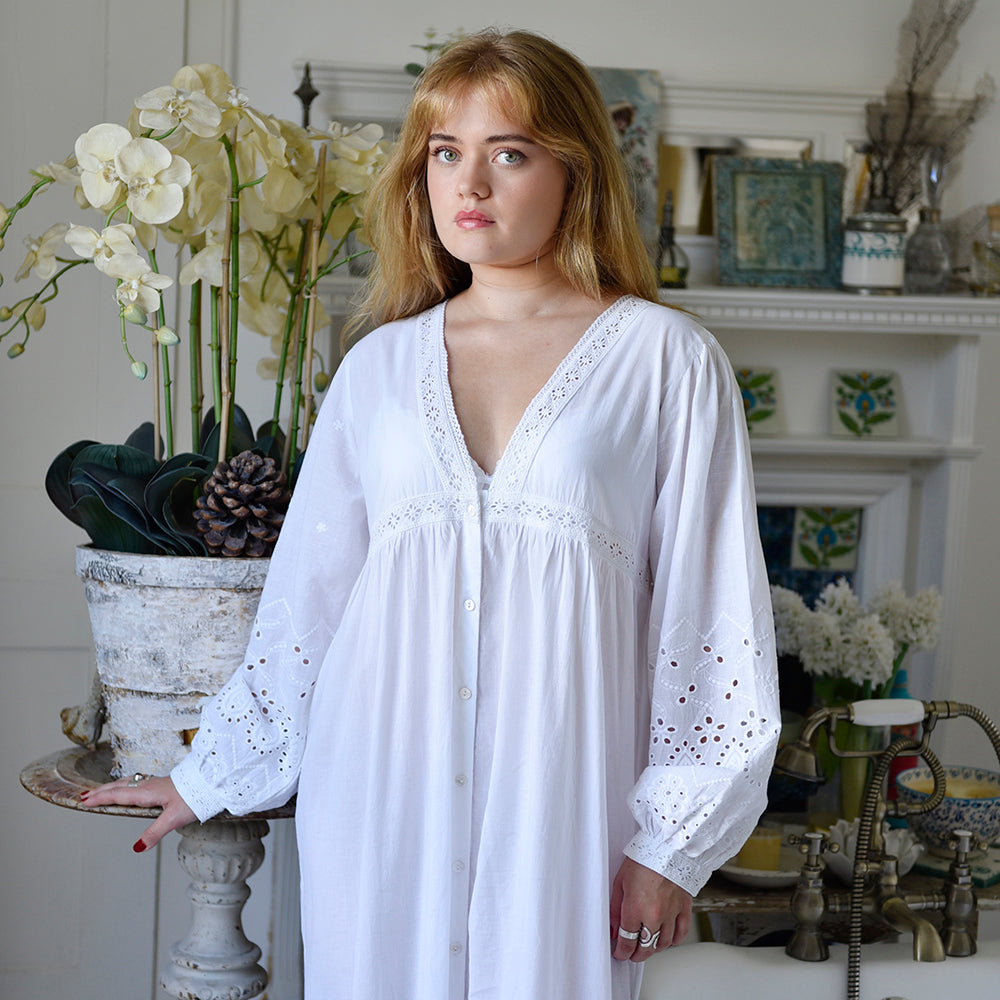 Ladies Long Sleeve Embroidered Nightdress with Lace 'Clarissa'
