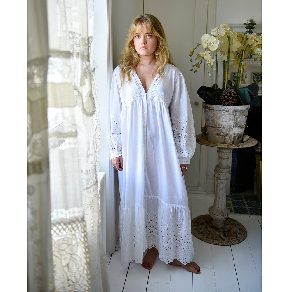 Ladies Long Sleeve Embroidered Nightdress with Lace 'Clarissa'