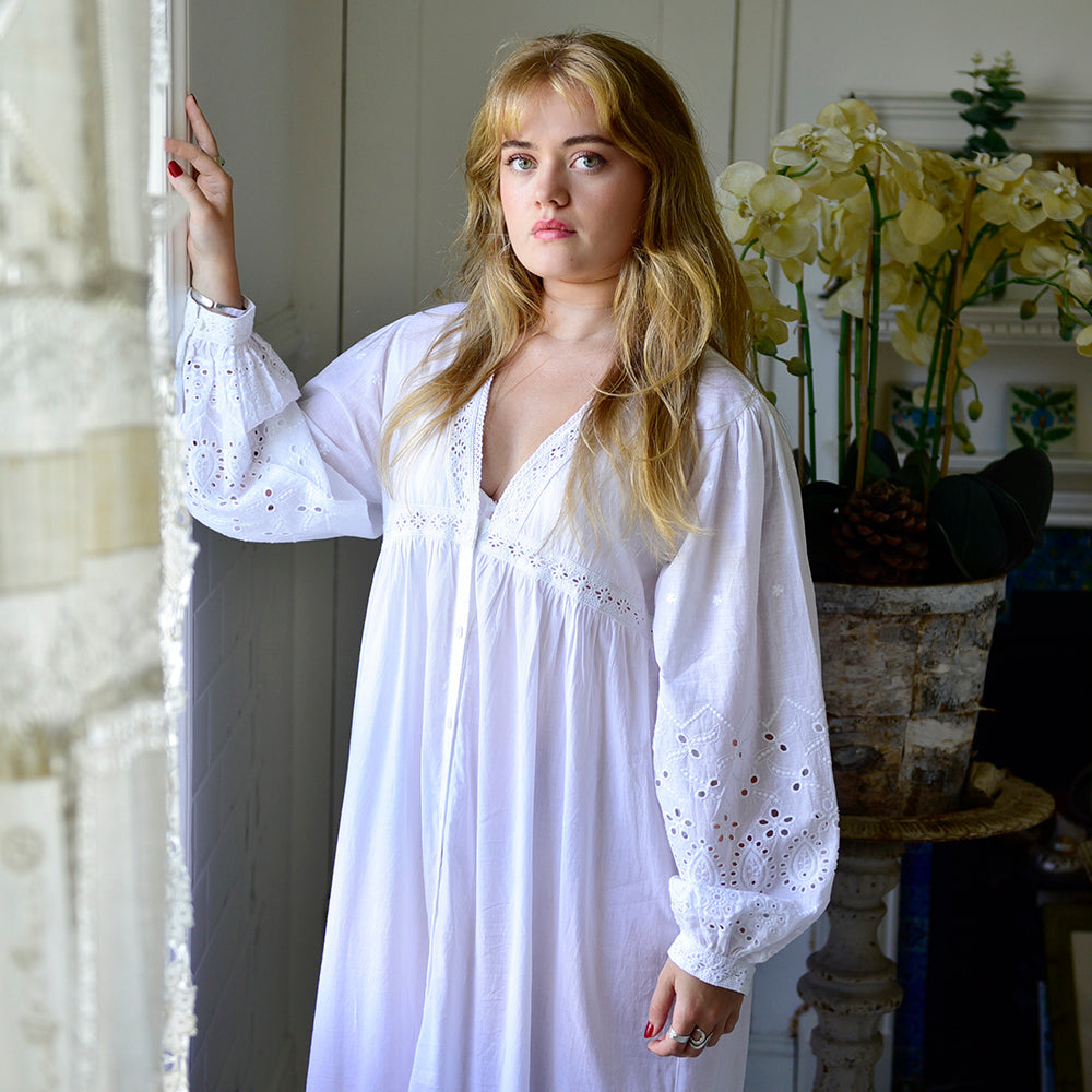 Ladies Long Sleeve Embroidered Nightdress with Lace 'Clarissa'