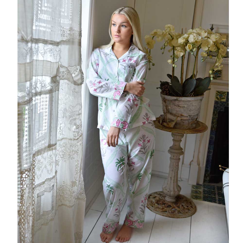 Ladies Pink Floral Palm Print Cotton Pyjamas