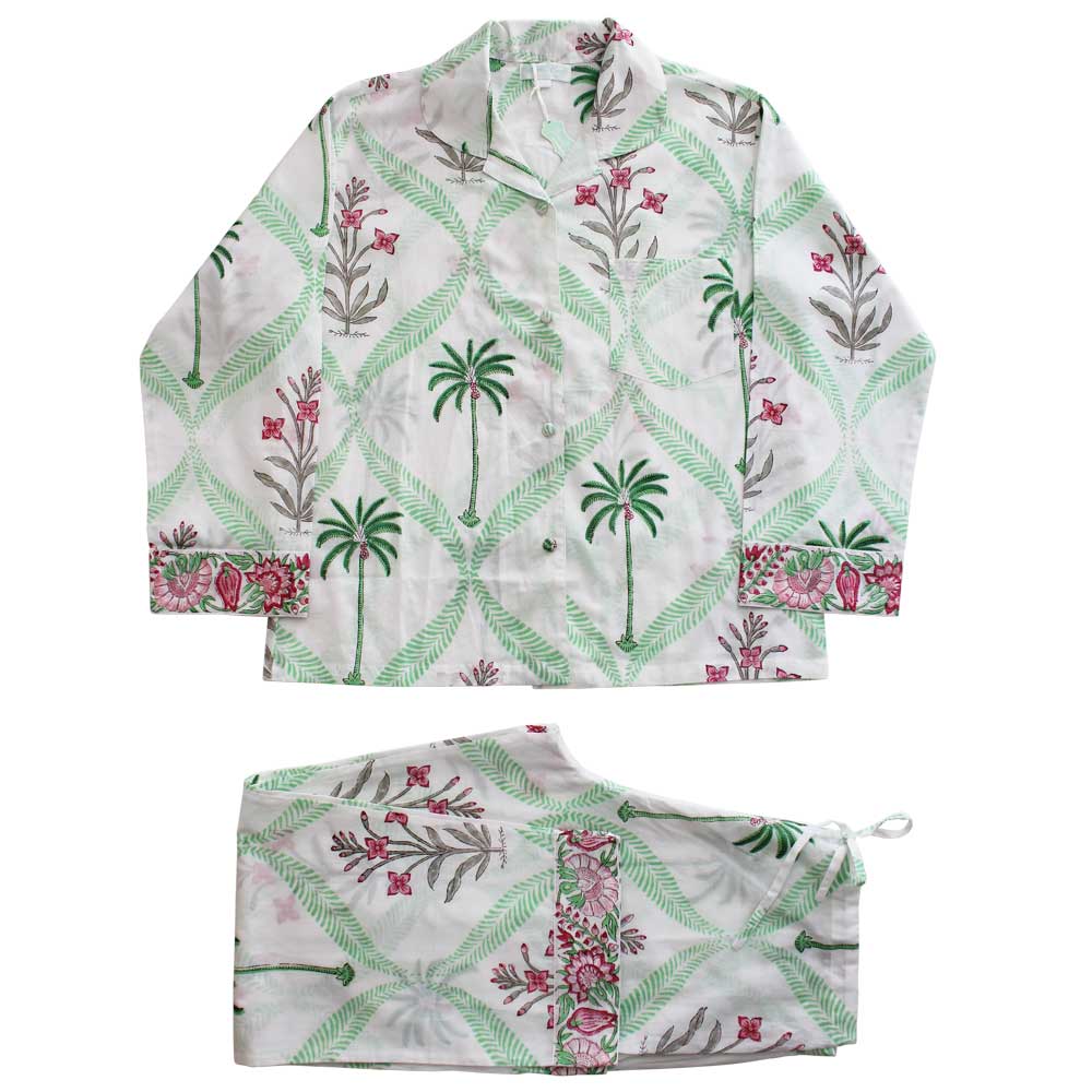 Ladies Pink Floral Palm Print Cotton Pyjamas