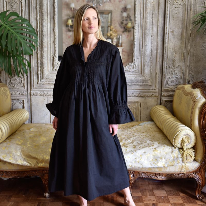 Ladies Black Long Sleeve Cotton Nightdress 'Anna'