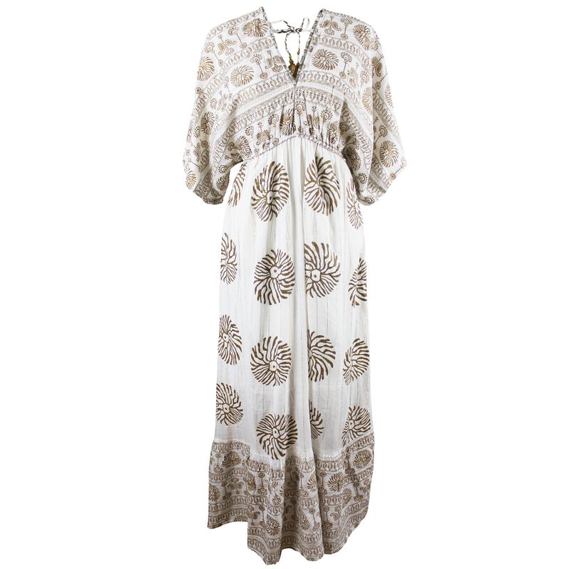 'Heather' White & Gold Indian Print Batwing Crepe Dress