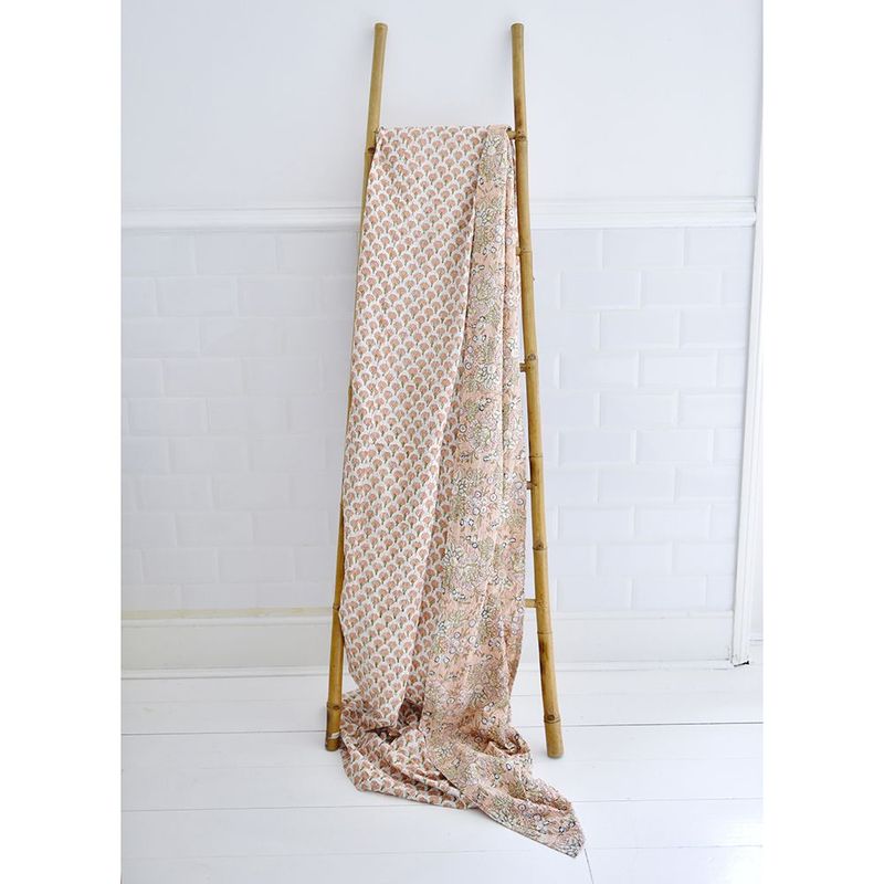 Block Printed Peach Floral Kantha Throw