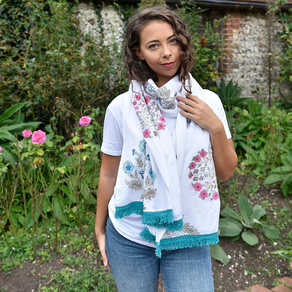 Block Printed Blue & Pink Floral Blooms Cotton Sarong