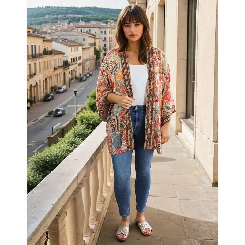 Pink, Orange & Cream Floral Tile Print Viscose Summer Jacket