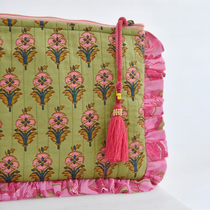 Block Printed Green & Pink Floral Quilted Make Up Bag